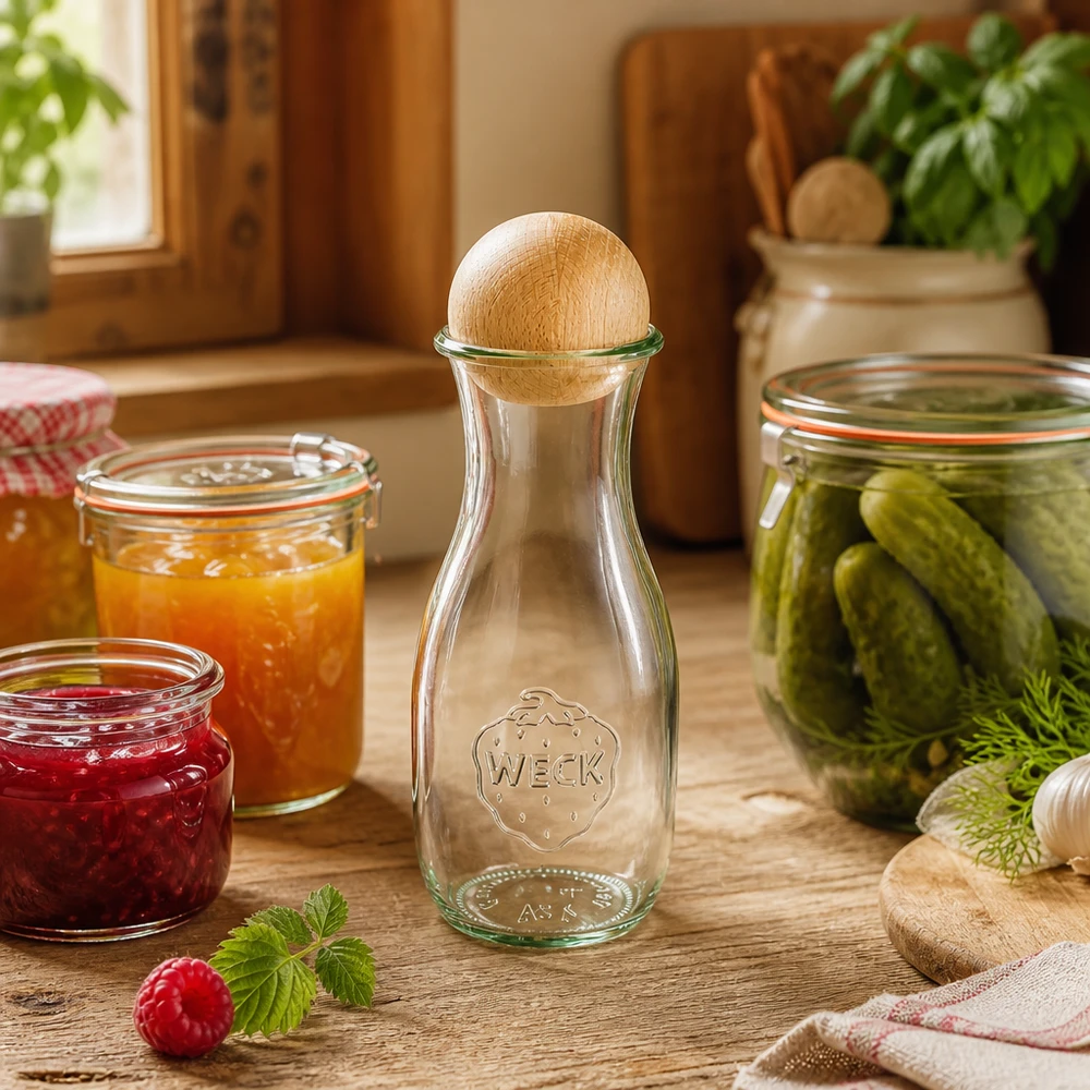 530ml Saftflasche WECK RR60 mit Holzkugel Buche WECK Saftflasche 530ml mit Holzverschluss in rustikaler Küche neben Einmachgläsern mit Marmelade und Gurken