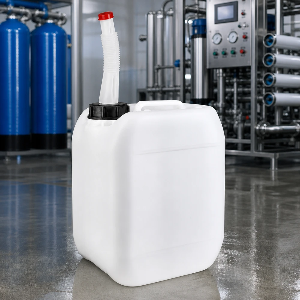 Kanister 5 Liter mit Auslaufrohr Flex Robuster Flüssigkeitsbehälter 5L mit flexiblem Auslaufstutzen auf Betonboden einer Produktionsstätte