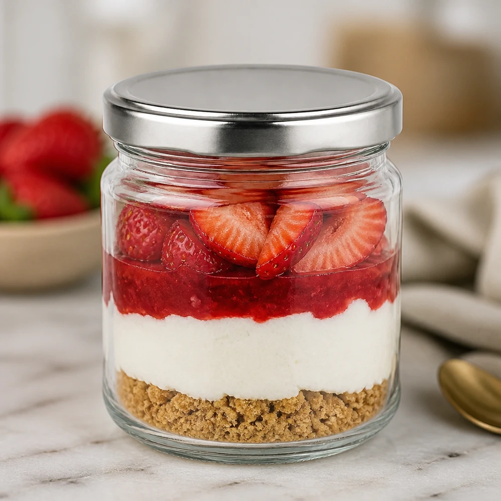 212ml Rundglas mit BasicSeal Deckel als Dessertglas für Erdbeer-Cheesecake im Glas mit Keksboden und Sahne
