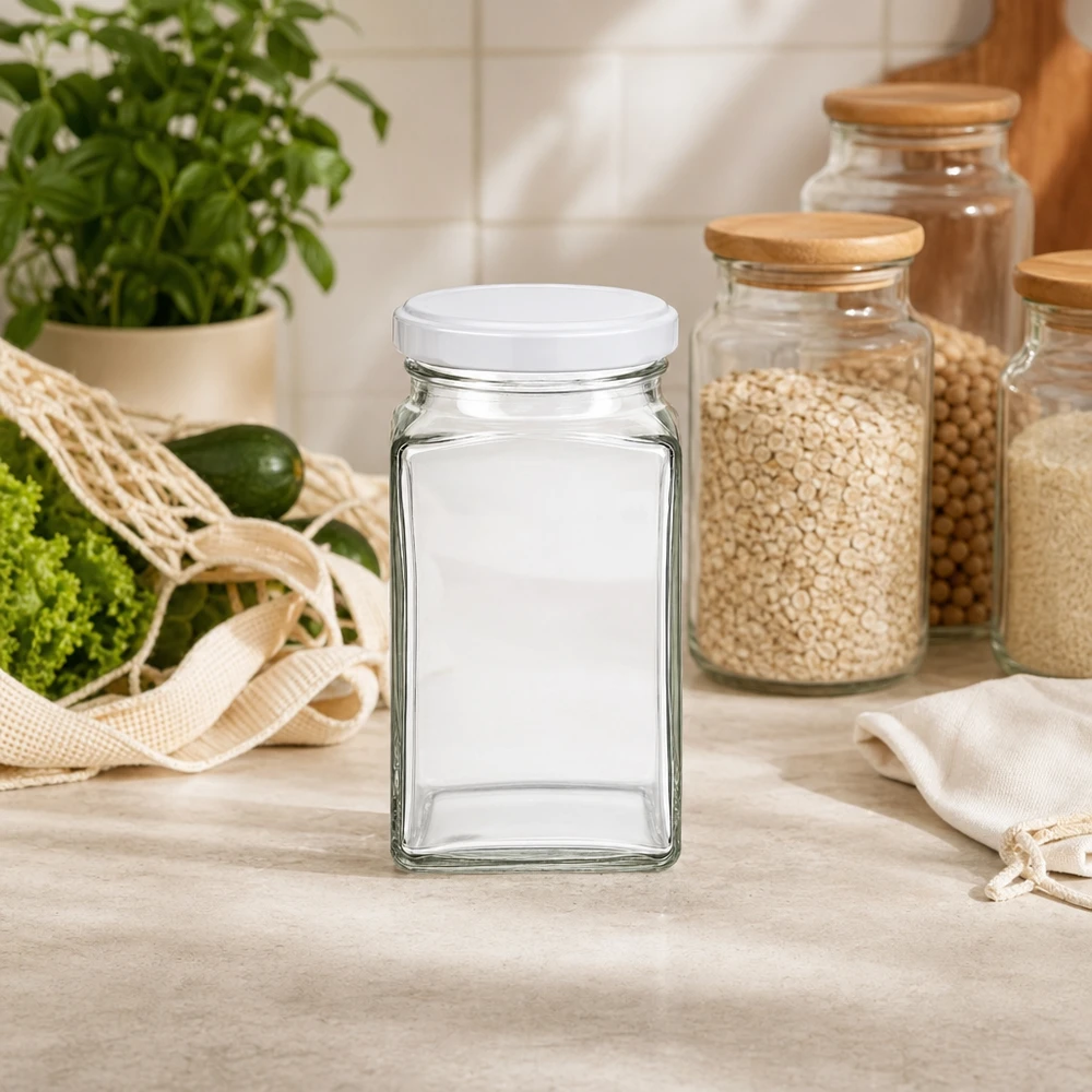 260ml Tetraglas mit BasicSeal Deckel weiß UNiTWIST 260ml Tetraglas leer mit weißem Deckel in moderner Küche neben Vorratsgläsern mit Getreide nachhaltige Aufbewahrung