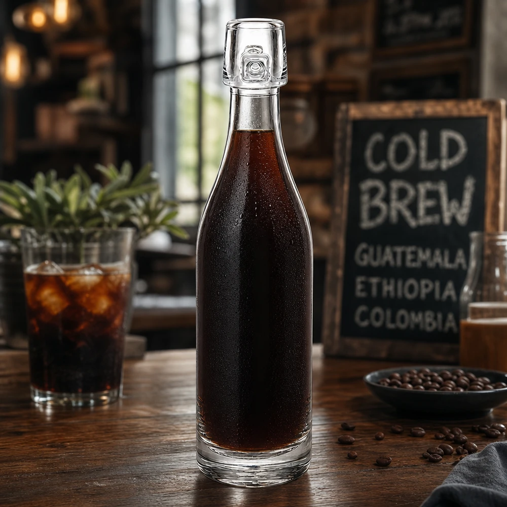 50ml Glasflasche UNiTWIST mit Cold Brew Kaffee befüllt auf Holztisch mit Kaffeebohnen und Glas