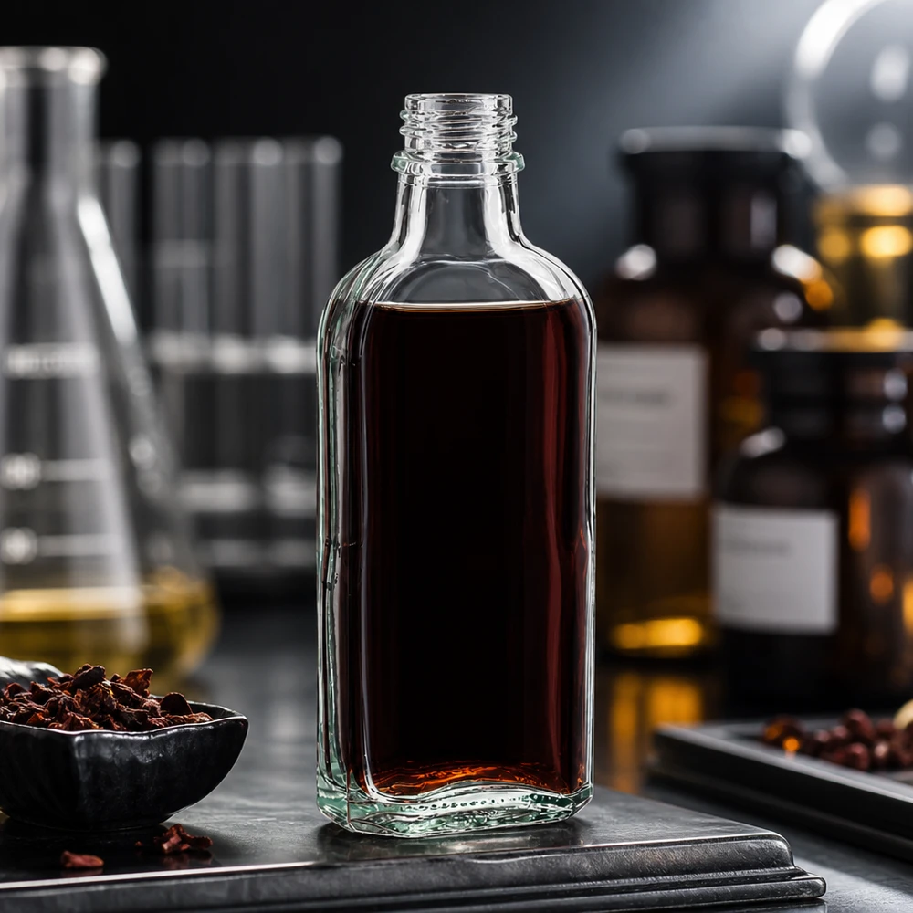 100 ml Meplatflasche klar DIN22 100 ml Flasche klar DIN22 mit dunkelrotem Inhalt zwischen Laborkolben und Reagenzgläsern