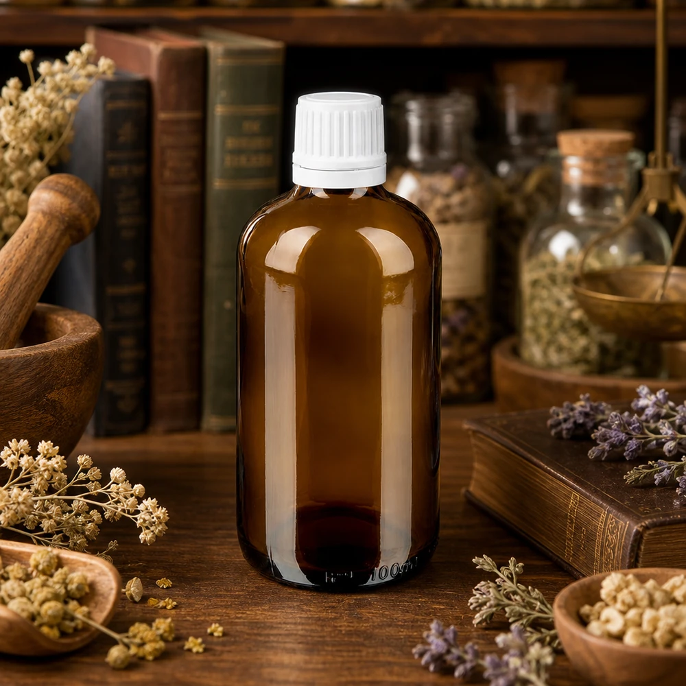 Apothekenflasche braun 100ml Schraubverschluss weiß Originalitätsverschluss 100ml Apothekerflasche Braunglas mit weißem OV zwischen Lavendel Kamille und Kräutern