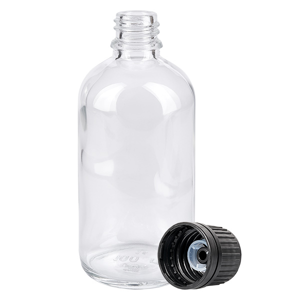 100ml Globuliflasche 8mm Giessring schwarz Standardverschluss ClearLine UT18/1 Offene 100ml Klarglasflasche mit breitem Schulterbereich und separatem schwarzen Schraubverschluss 18GR