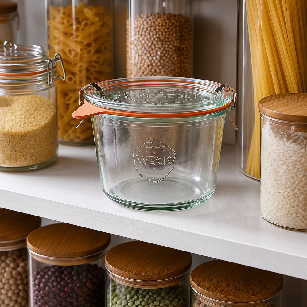 370ml Sturzglas komplett WECK RR100 WECK Sturzglas 370ml RR100 leer in organisierter Vorratskammer neben gefüllten Gläsern mit Pasta und Hülsenfrüchten