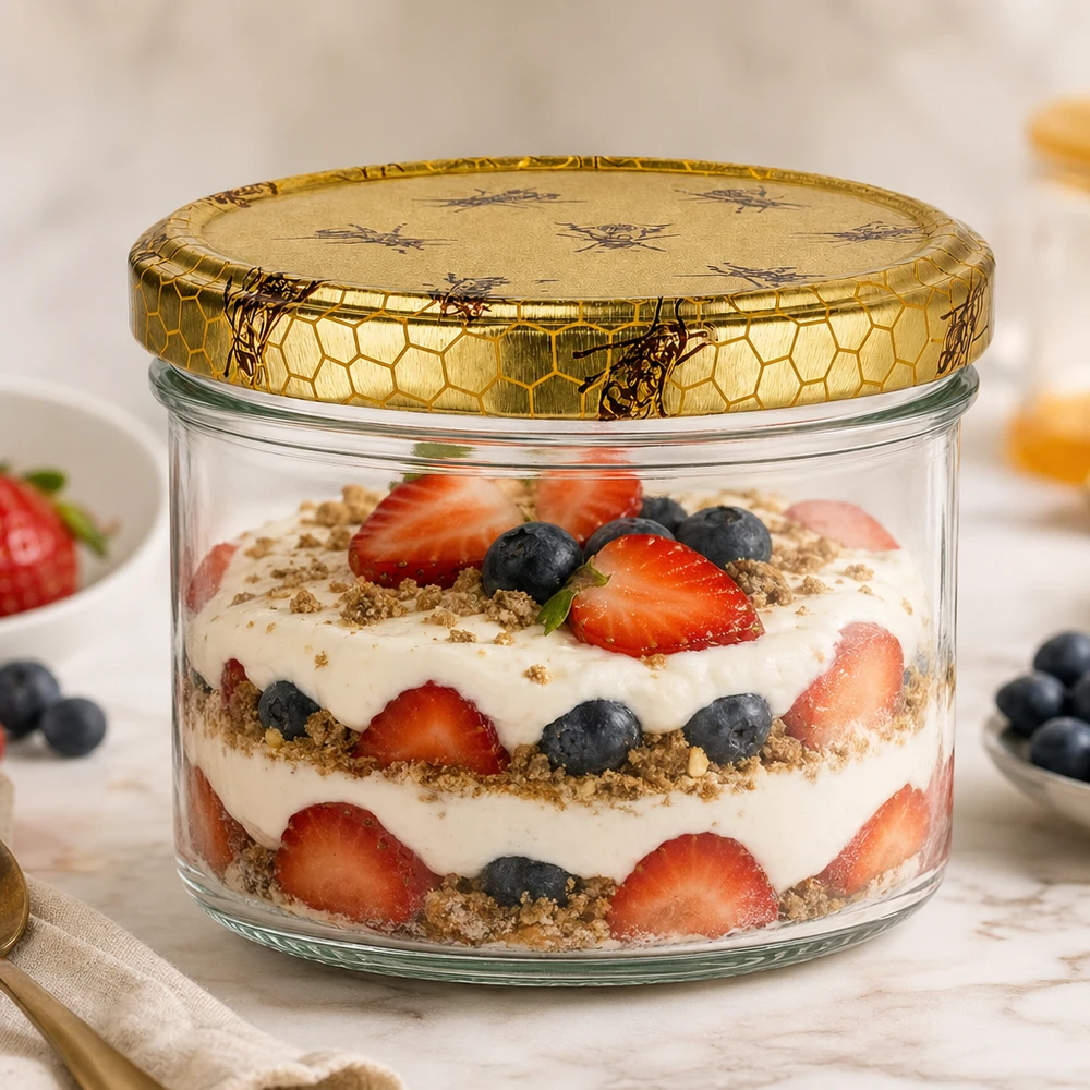300g Honigglas mit Bienenwabe Deckel BasicSeal UNiTWIST 300g Honigglas als Vorratsdose für Dessert mit Beeren und Joghurt, vielseitig verwendbarer Glasbehälter