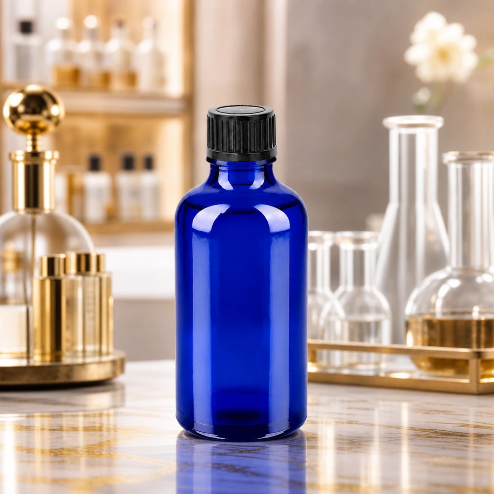 50ml Flasche 11mm Schraubverschluss schwarz Standard BlueLine UT18/50 Premium Glasflasche 50ml mit lichtschützendem Kobaltblau ideal für empfindliche Wirkstoffe und Seren