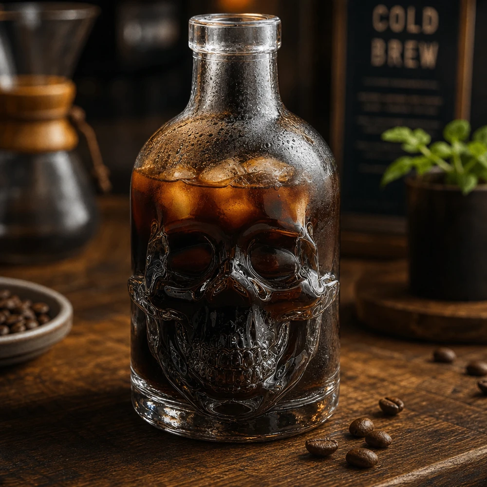 200ml Glasflasche Jack Totenkopf Relief mit Cold Brew Kaffee befüllt Eiskubes Coffeeshop Atmosphäre dunkles Holz