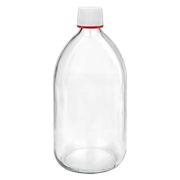 1000ml Medizinflasche klar, Verschluss weiß mit Originalitätsring rot ApoGlas 1000ml Medizinflasche klar, Verschluss weiß mit Originalitätsring rot ApoGlas