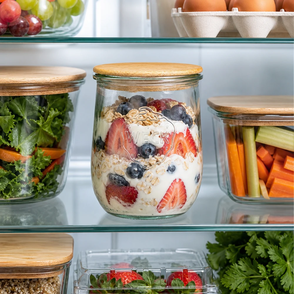 WECK Tulpenglas RR100 1062ml mit Holzdeckel im Kühlschrank gefüllt mit Joghurt Beeren Müsli als gesunde Meal Prep