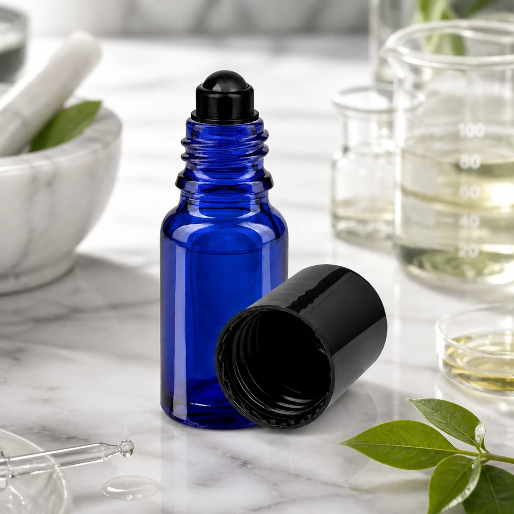 Blaue 10ml Glasrollerflasche mit schwarzer Kugel für Parfum und Öle auf weißer Marmoroberfläche