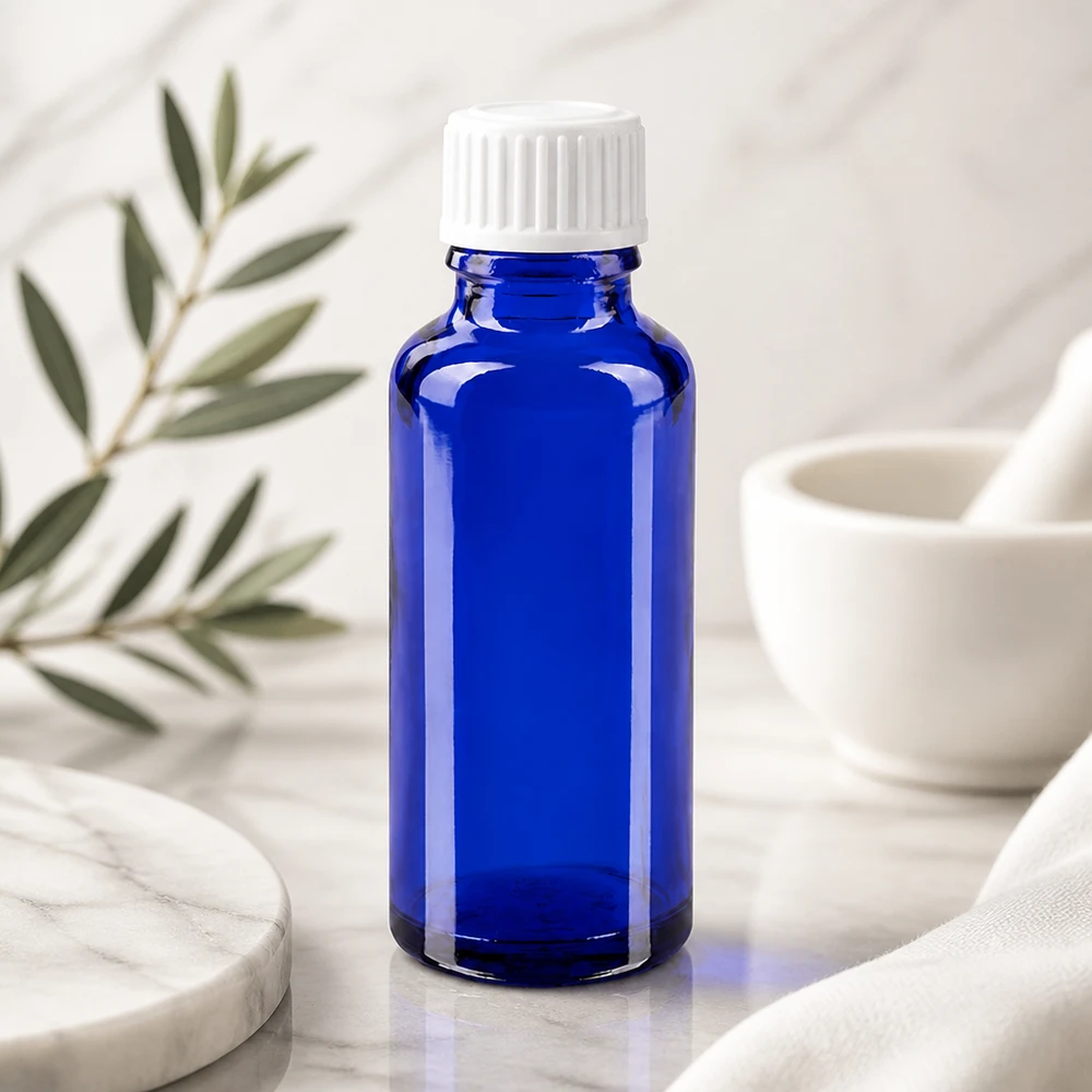 Blaue Glasflasche 30ml für ätherische Öle Tinkturen und Pharmazeutika mit Tropfverschluss