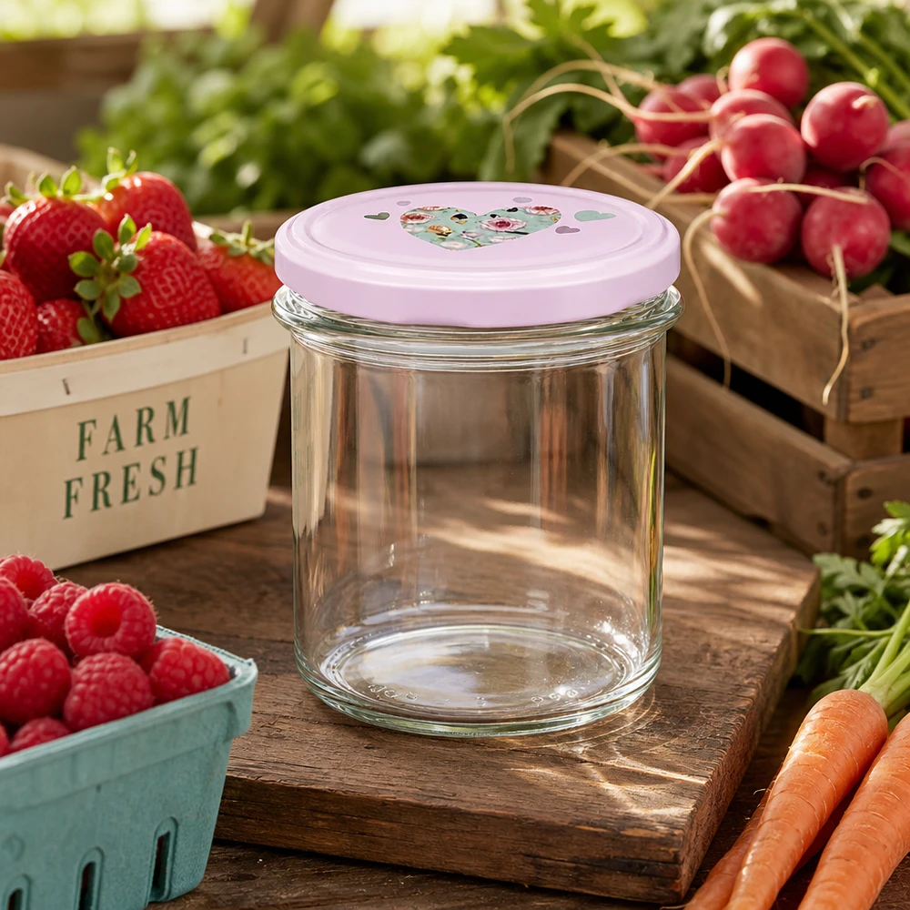 350ml Sturzglas rosa Herzdeckel zwischen frischem Gemüse Obst Radieschen Erdbeeren Farm Fresh nachhaltige Aufbewahrung