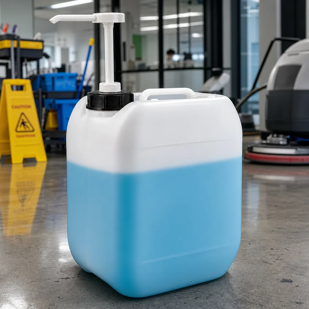 Kanister 5 Liter mit Dosierpumpe Quadratischer 5 Liter Kanister mit Schraubverschluss und Pumpaufsatz in gewerblicher Reinigungsumgebung