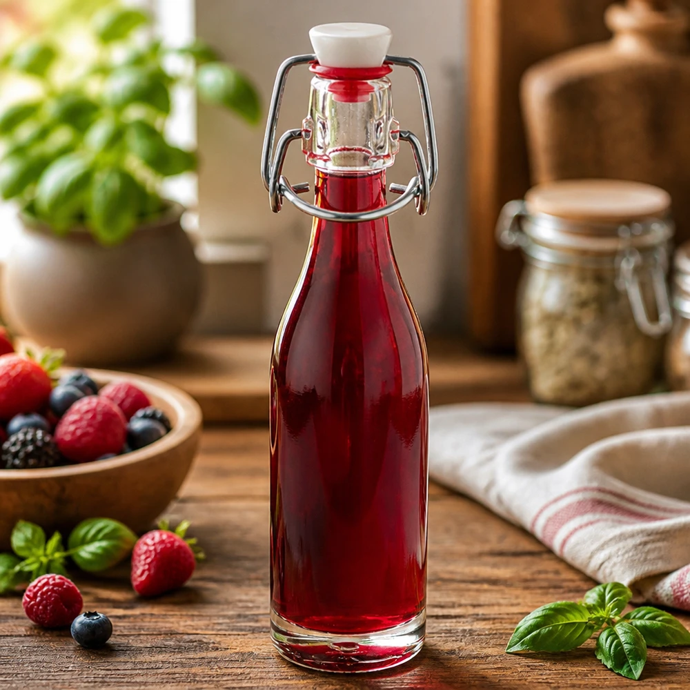 50ml Glasflasche und Bügelverschluss PVC UNiTWIST 50ml Glasflasche mit Bügelverschluss gefüllt mit rotem Beerensaft umgeben von frischen Erdbeeren und Blaubeeren