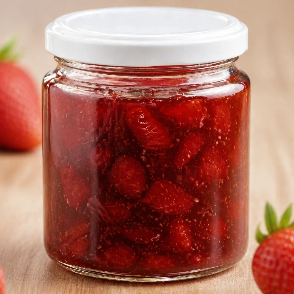 250ml Honigglas mit weißem UNiTWIST Deckel gefüllt mit roter Erdbeermarmelade neben frischen Erdbeeren