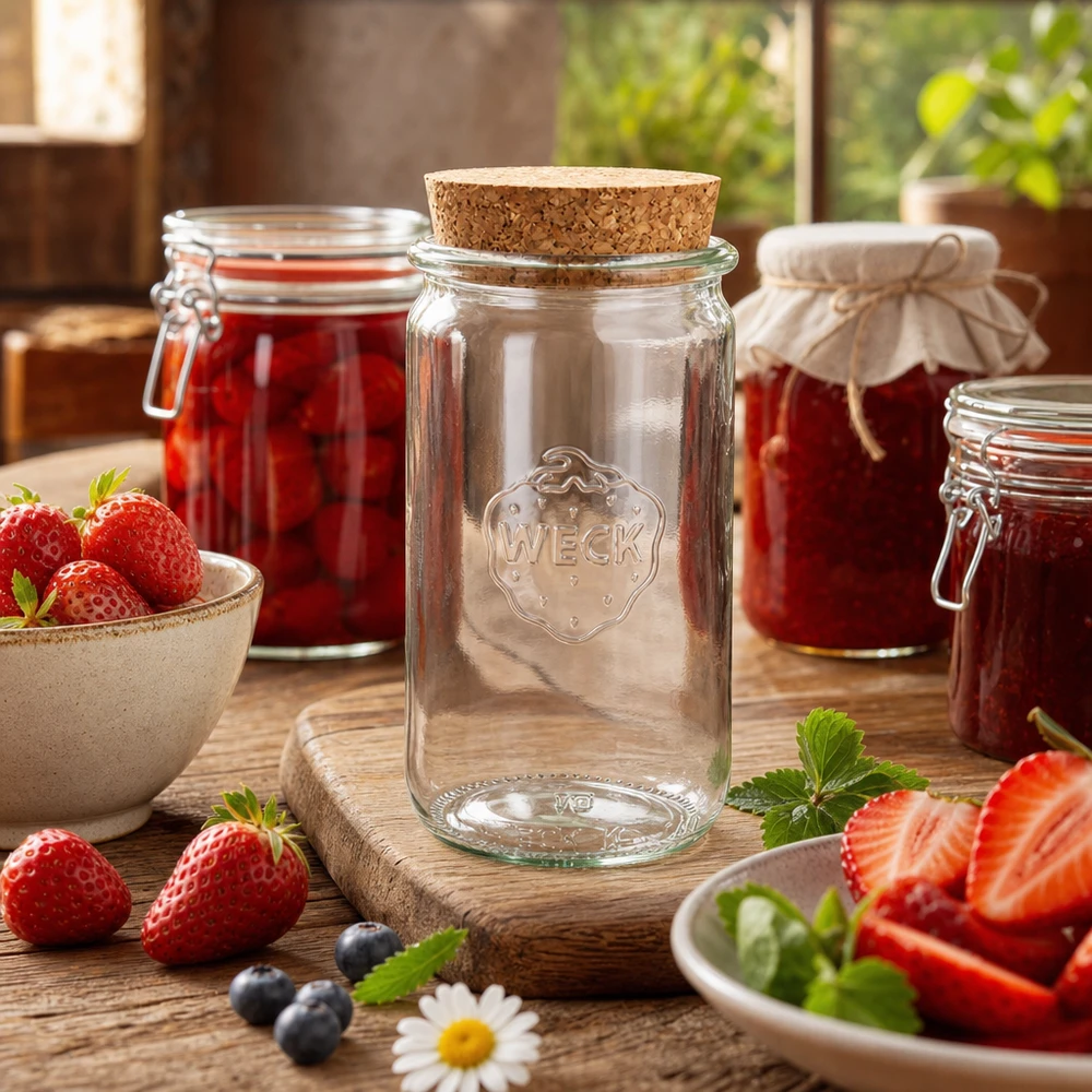WECK 340ml Zylinderglas RR60 mit Korken natur im Küchenambiente mit frischen Erdbeeren und Einmachgläsern dekoriert