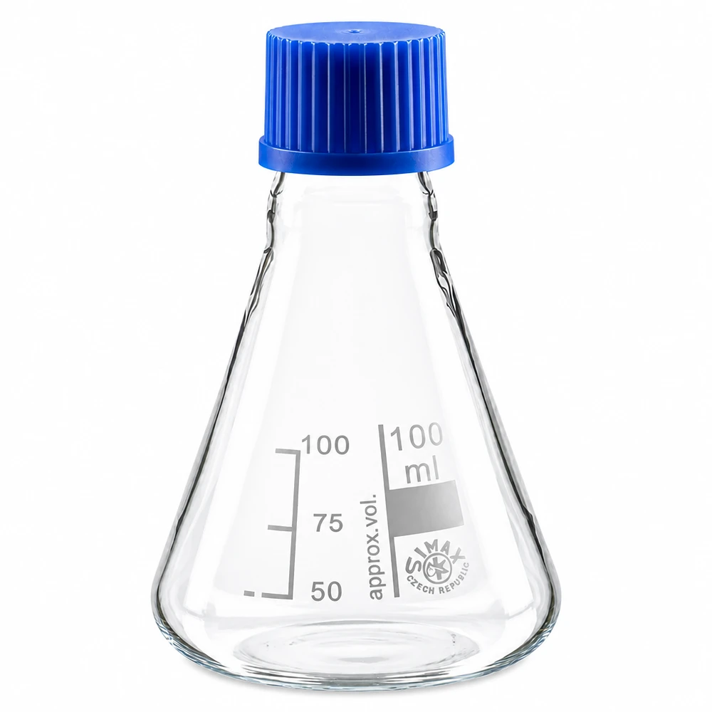 Erlenmeyerkolben 100ml mit Schraubkappe Transparenter Glaskolben 100ml mit Volumenmarkierung und blauem Deckel für genaue Dosierung