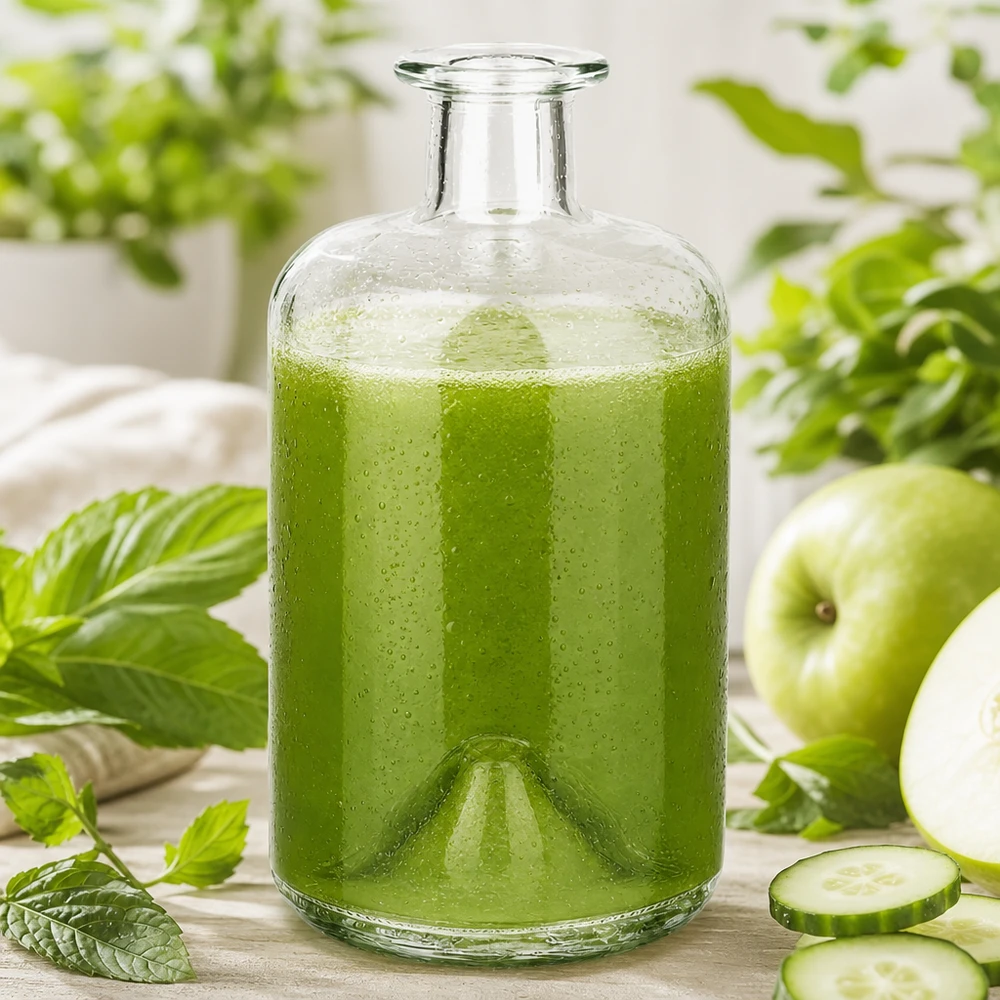 500ml Glasflasche Sofia mit grünem Smoothie befüllt Gurke Apfel Minze Detox Getränk Apothekerflasche Küche