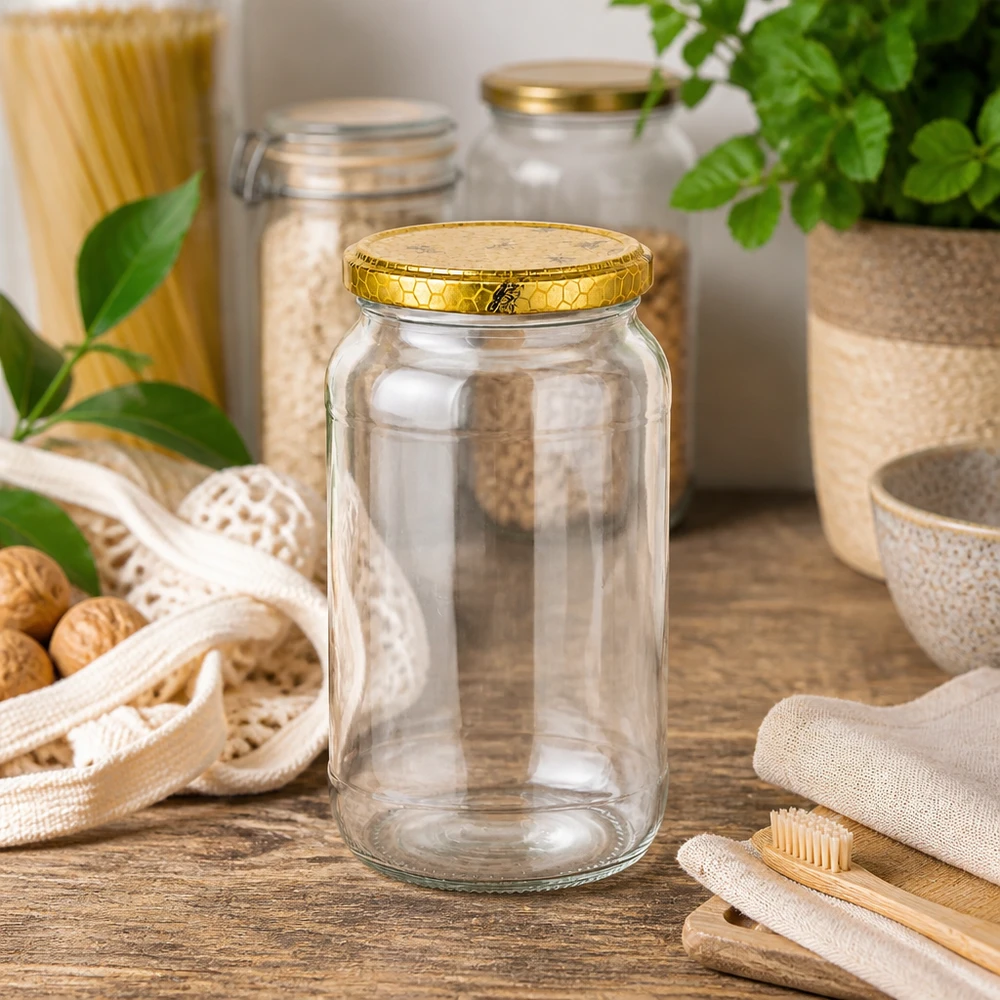 1062ml Rundglas + BasicSeal Deckel Bienenwabe UNiTWIST 1062ml Rundglas leer auf Holztisch mit nachhaltigen Küchenutensilien Bambuszahnbürsten Jutebeutel Zero-Waste-Lifestyle