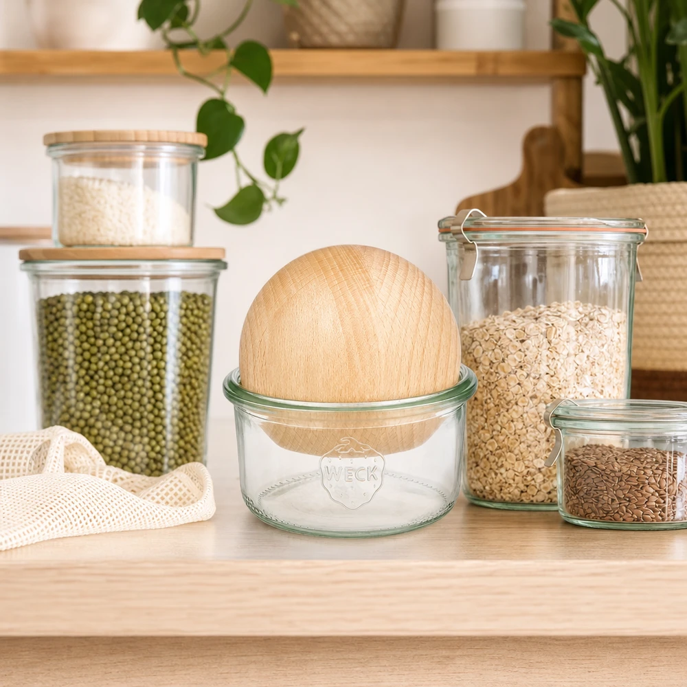 165ml Sturzglas WECK RR80 mit Holzkugel Buche WECK Sturzglas 165ml RR80 mit Buchenkugel-Deckel in nachhaltiger Zero-Waste-Küche neben Vorratscontainern