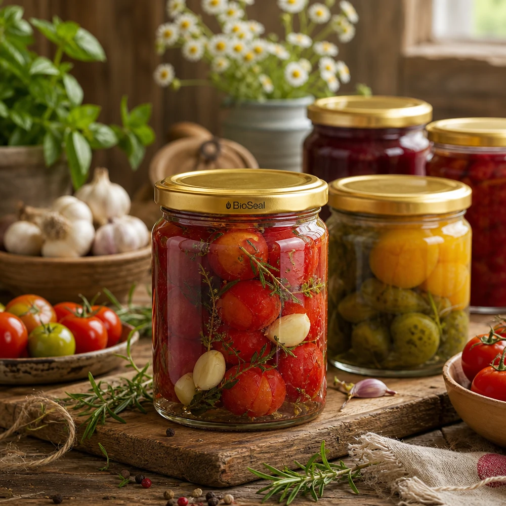 408ml Rundglas mit BioSeal Deckel gold UNiTWIST UNiTWIST Runda408 Glas mit TO82 BioSeal Deckel beim Einkochen von Tomaten und Gemüse in rustikaler Küche