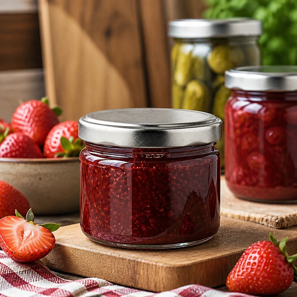 540ml Rundglas + BasicSeal Deckel silber matt UNiTWIST 540ml Rundglas mit silbernem Deckel für Marmelade und Konfitüre, Einmachglas mit Erdbeeren auf Holztisch