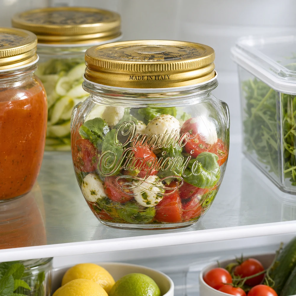 300ml Rundglas "Quattro Stagioni" mit Deckel 300ml Rundglas Quattro Stagioni mit goldenem Deckel gefüllt mit Caprese-Salat im Kühlschrank Made in Italy