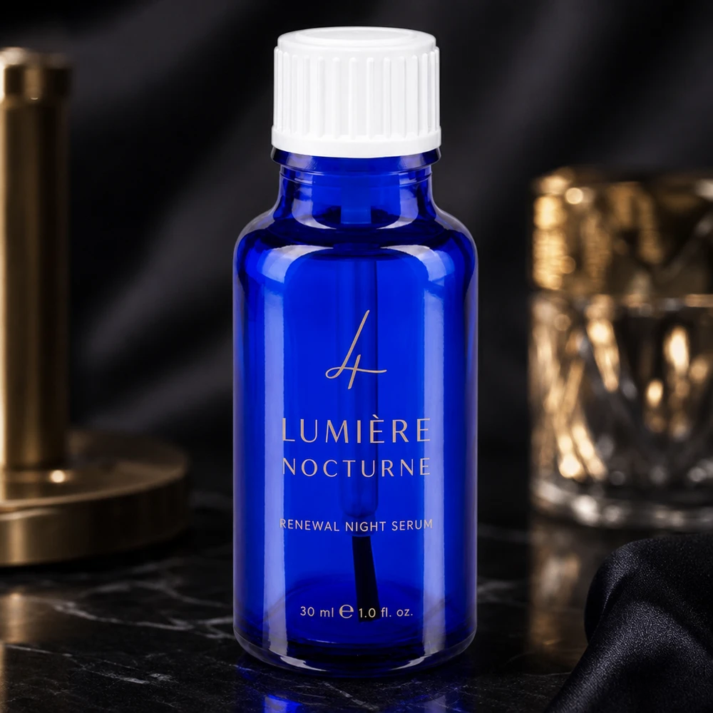 Kleine 20ml Flasche aus kobaltblauem Apothekerglas mit weißem Pinselverschluss Kosmetik