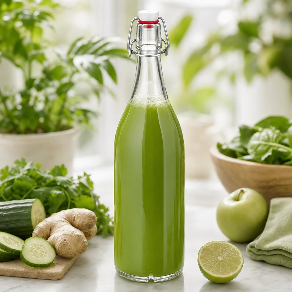 1000ml Glasflasche mit Bügelverschluss gefüllt mit grünem Saft umgeben von frischen Zutaten wie Gurke Ingwer