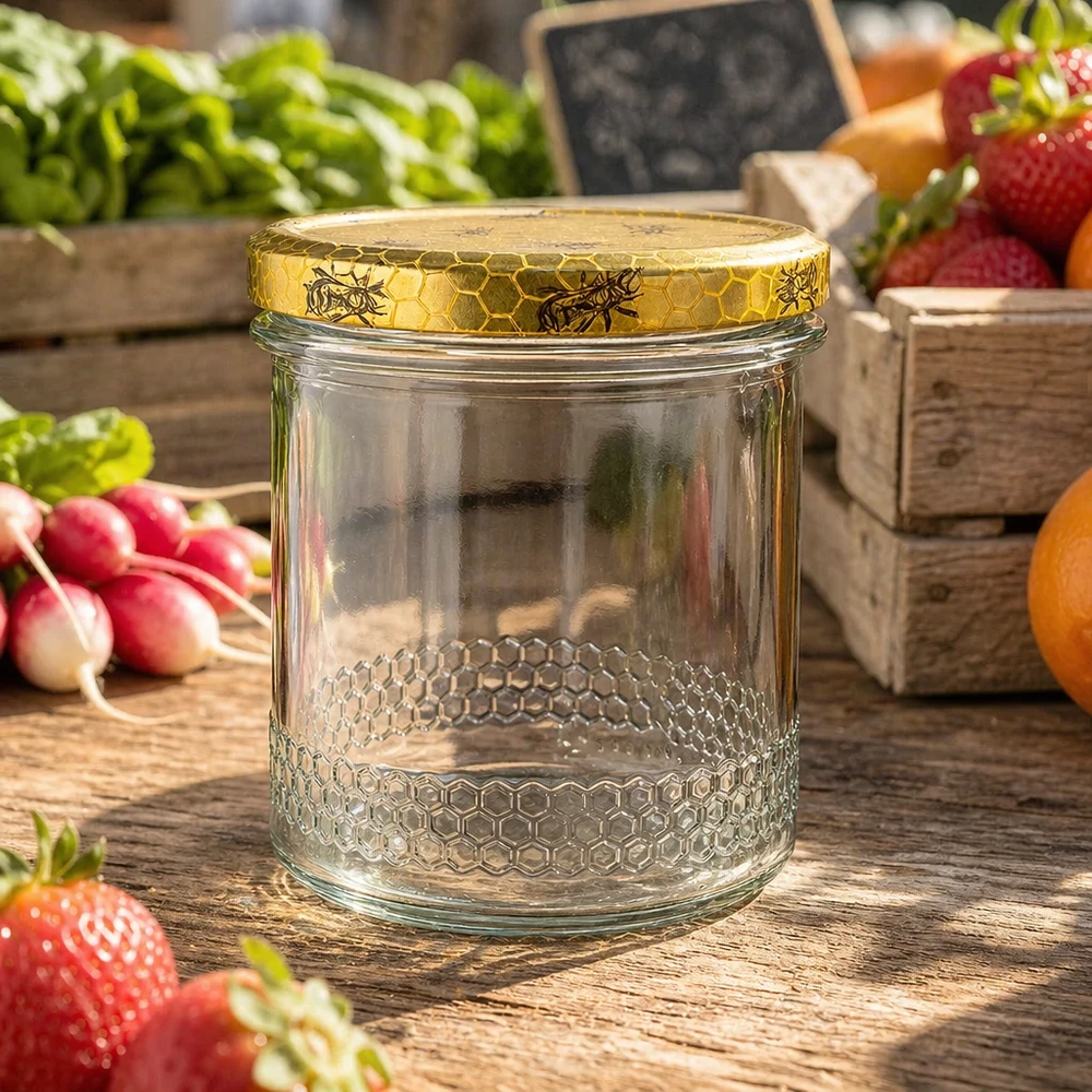 400ml Honigglas mit BasicSeal Bienenwaben-Deckel, leeres Imkerglas zwischen frischen Erdbeeren und Gemüse