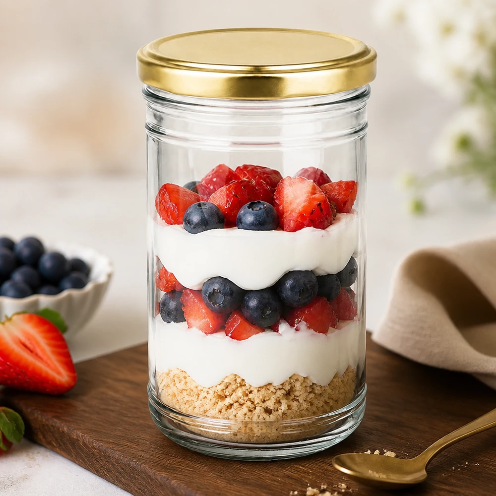 1053ml Sturzglas mit BasicSeal Deckel gold UNiTWIST Schichtdessert mit Beeren und Joghurt im 1053ml Sturzglas mit goldenem Deckel als gesunde Dessert-Idee