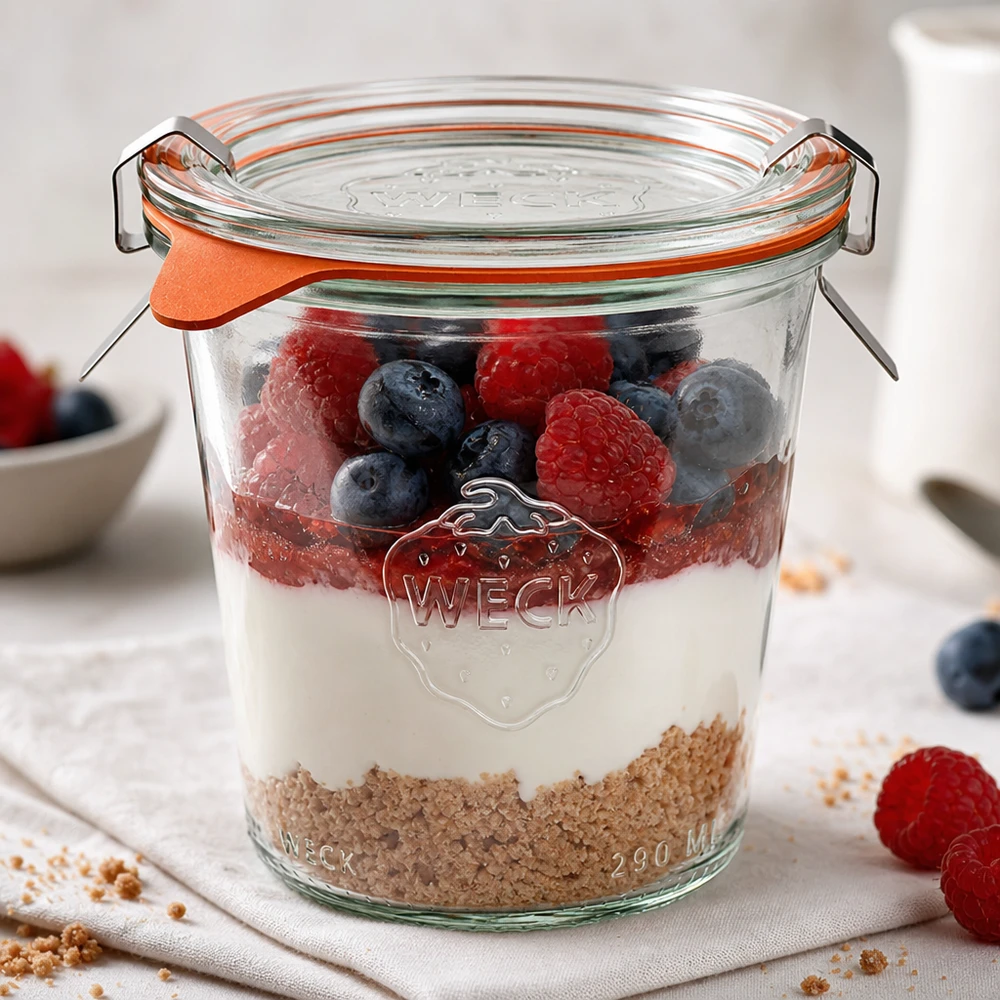 290ml Sturzglas hoch komplett WECK RR80 WECK Sturzglas 290ml RR80 als Dessertglas mit Joghurt Beeren und Müsli in Schichten auf weißer Oberfläche
