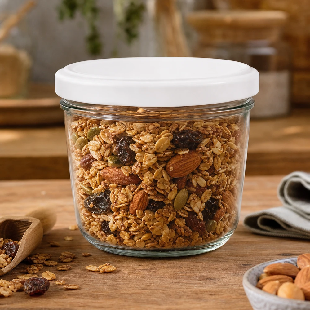 230ml Sturzglas mit BasicSeal Deckel weiß UNiTWIST 230ml Sturzglas mit BasicSeal Deckel gefüllt mit Müsli und Nüssen - perfekt für trockene Lebensmittel Lagerung