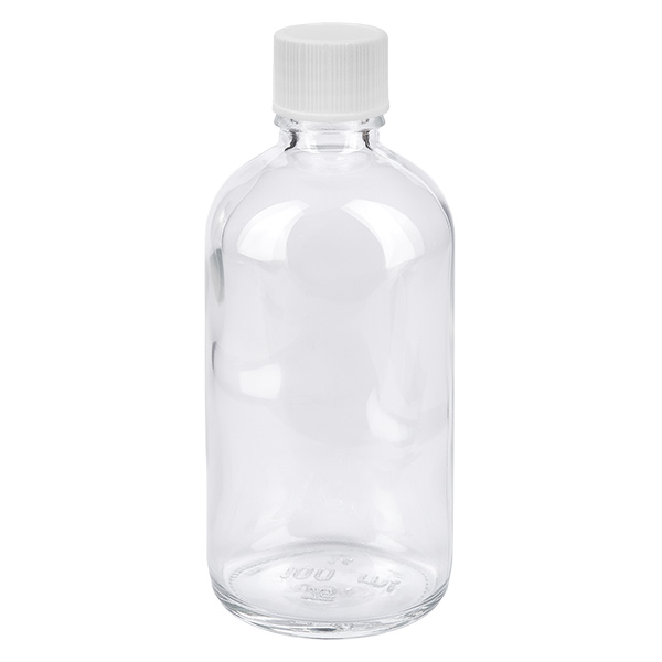 100ml Flasche 11mm Schraubverschluss weiß Standard ClearLine UT18/100 ClearLine Klarglasflasche 100ml UT18 mit weißem Verschluss für Flüssigkeiten