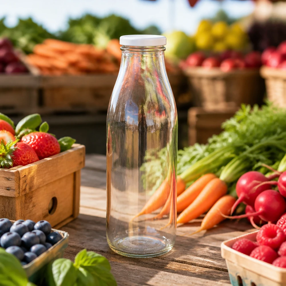 500ml Glasflasche mit BasicSeal Deckel auf Holztisch zwischen frischem Obst und Gemüse am Marktstand