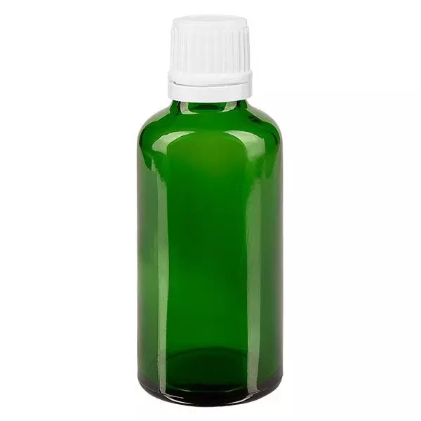 Apothekenflasche grün 50ml Tropfverschluss 1.2mm weiß Originalitätsverschluss Apothekenflasche grün 50ml Tropfverschluss 1.2mm weiß Originalitätsverschluss