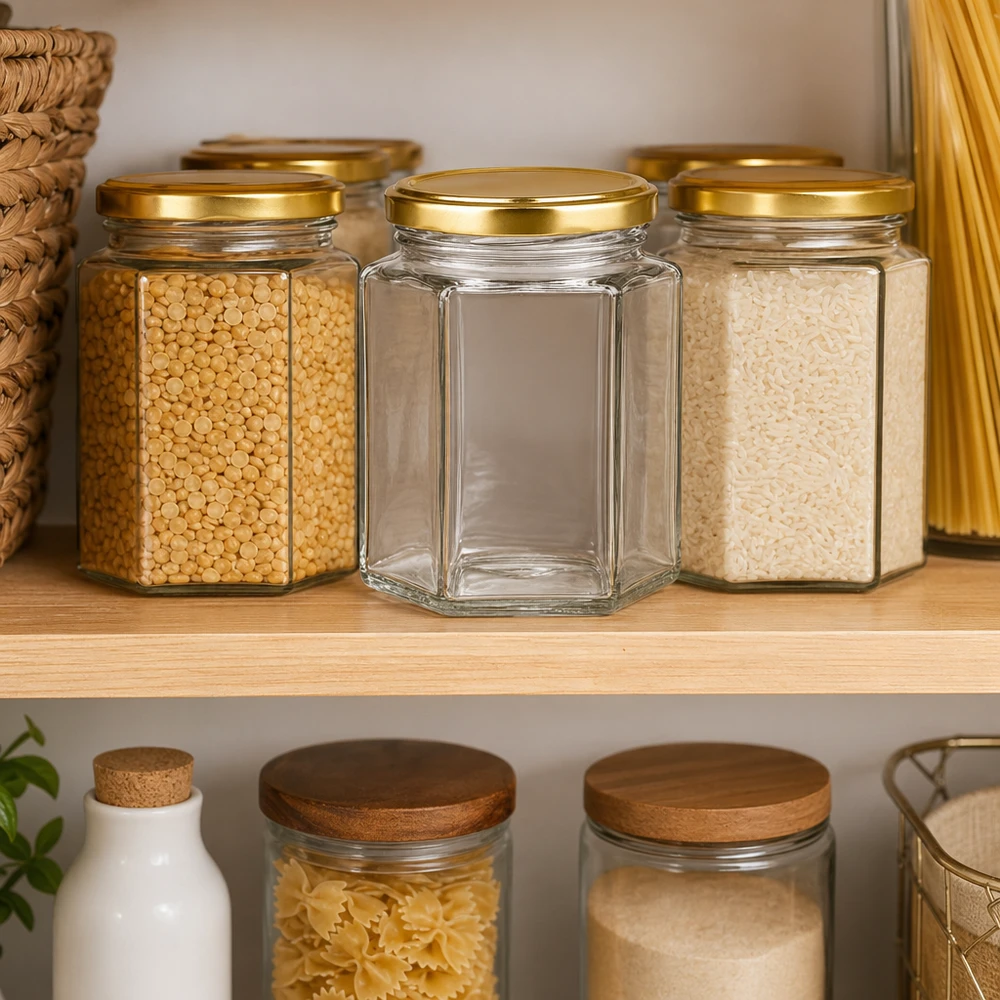 250g Honigglas mit goldenem Deckel BasicSeal UNiTWIST 250g Honigglas hexagonal BasicSeal mit Golddeckel in Pantry-Regal zwischen Vorratsgläsern für Küchenorganisation