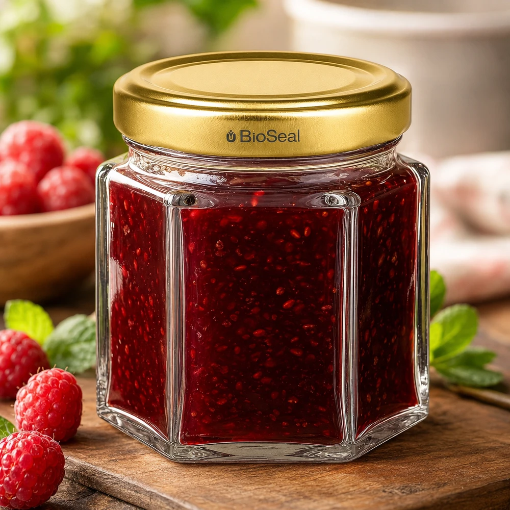 60g Honigglas mit goldenem Deckel BioSeal UNiTWIST Hexagonales 60g Honigglas BioSeal mit roter Himbeermarmelade auf Holzbrett mit frischen Himbeeren dekoriert