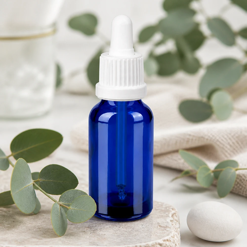 Stilvolle 20ml Pipettenflasche in Kobaltblau mit weißem Verschluss für Naturkosmetik
