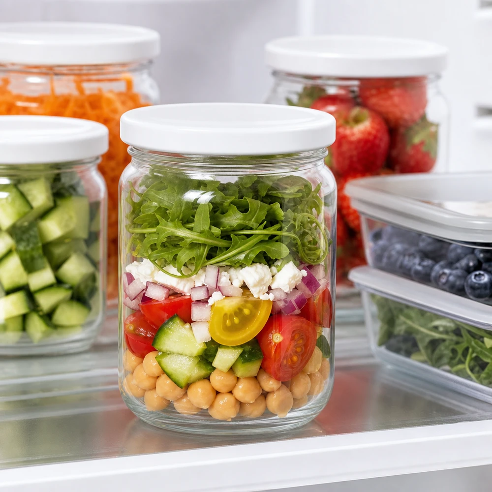 212ml Rundglas mit BasicSeal Deckel weiß TO63 UNiTWIST 212ml UNiTWIST Rundglas mit BasicSeal Deckel als Schichtsalat im Kühlschrank Meal Prep Salatglas Aufbewahrung