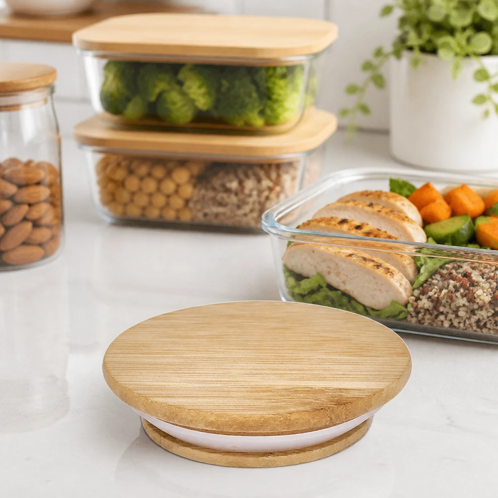 Holzdeckel RR60 für WECK Gläser in Küchen-Ambiente mit Meal Prep Behältern und gesunden Lebensmitteln