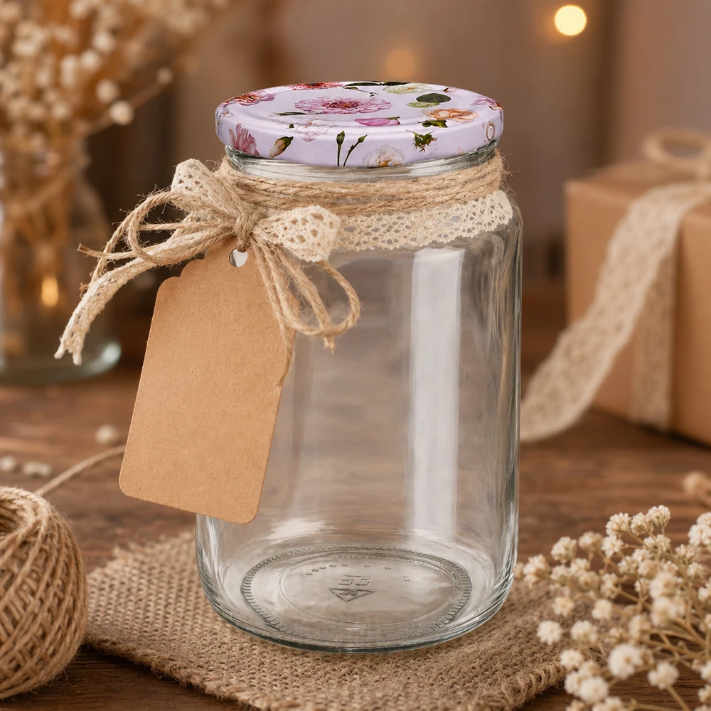 795ml Rundglas + BasicSeal Deckel Blume rosa UNiTWIST 795ml Rundglas leer mit BasicSeal Deckel rosa Blumen rustikale Dekoration Juteschnur Kraftpapier Anhänger Geschenkverpac