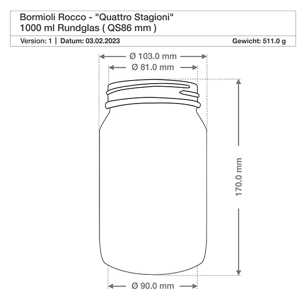 1000ml Rundglas "Quattro Stagioni" mit Deckel Technische Zeichnung 1000ml Quattro Stagioni Rundglas mit Maßangaben Durchmesser Höhe 170mm Bormioli Rocco Spezifikation