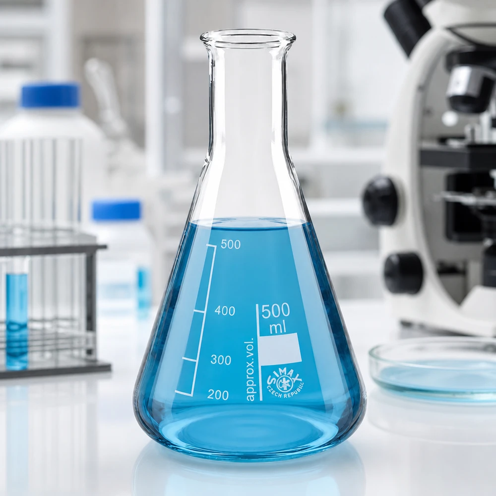 Erlenmeyerkolben 500ml Enghals Konischer Glaskolben 500ml mit engem Hals und azurblauer Testlösung auf weißer Laboroberfläche