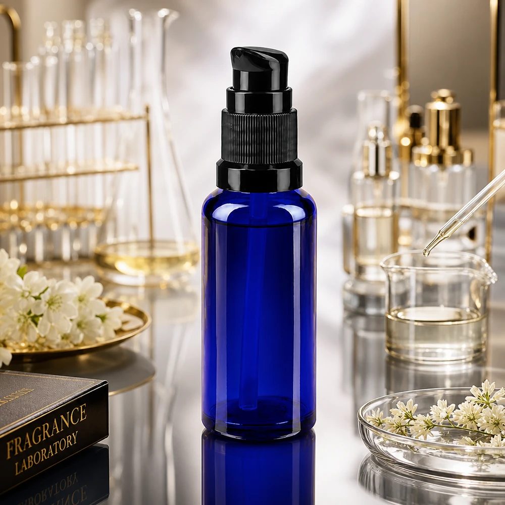 Apothekenflasche blau 30ml PumpVerschluss schwarz Standard Zylindrische 30ml Glasflasche in Kobaltblau mit schwarzer STD Pumpe Laborhintergrund