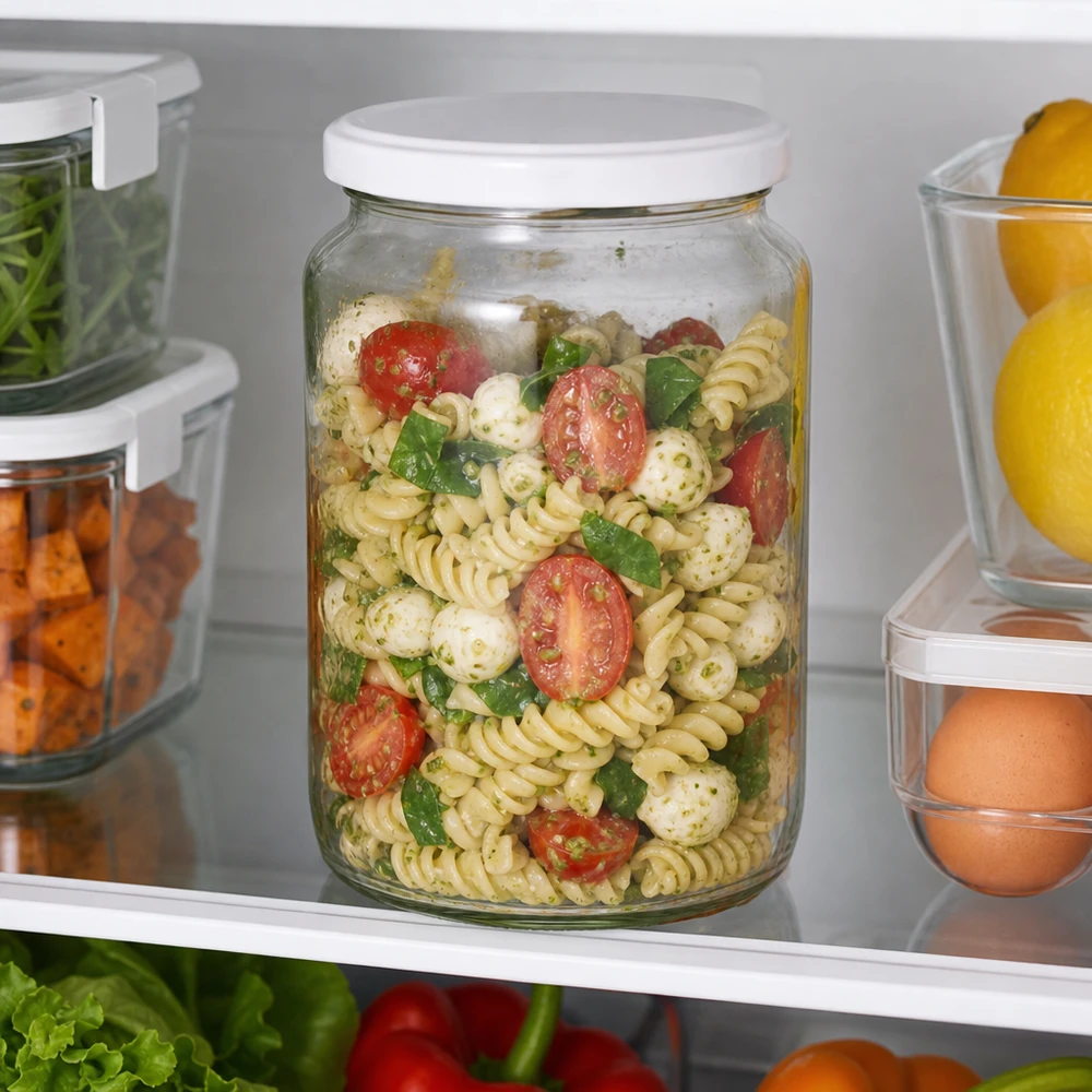 795ml Rundglas UNiTWIST als Meal-Prep Behälter im Kühlschrank mit Nudelsalat gefüllt zeigt perfekte Frischhaltung