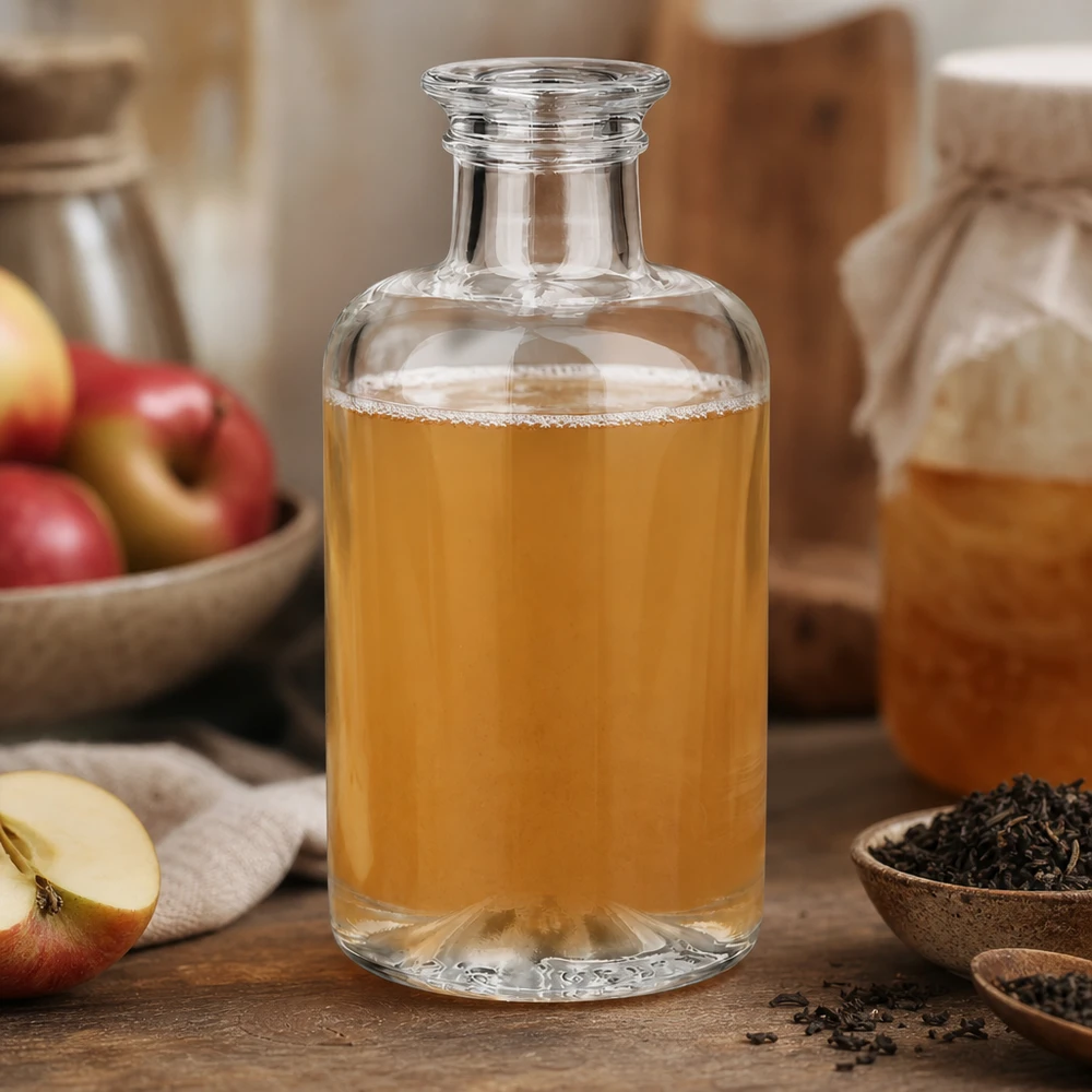 100ml Glasflasche "Sofia" ohne Verschluss UNiTWIST 100ml Glasflasche Sofia mit Apfelsaft gefüllt neben frischen Äpfeln und Teekräutern auf natürlichem Holztisch