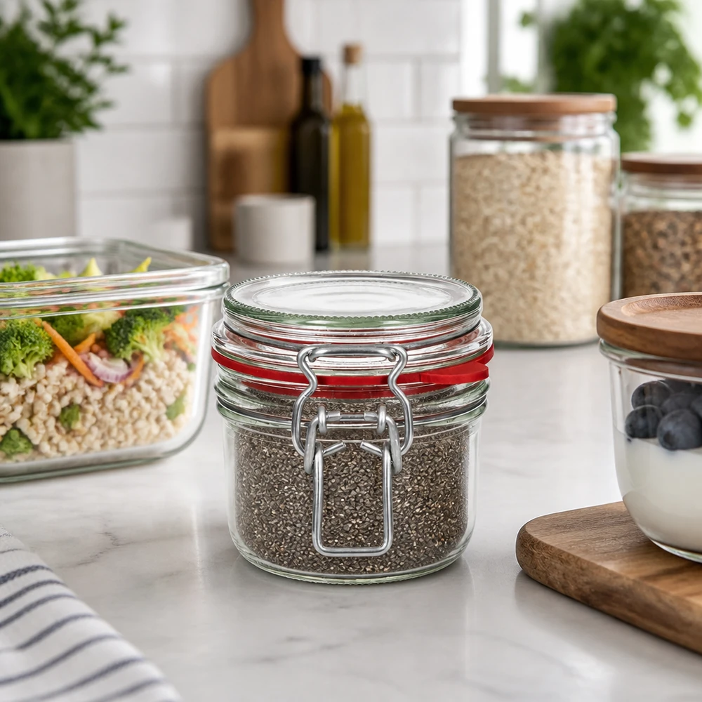 255ml Vorratsglas Typ G mit Bügelverschluss UN.. Stilvolle Küchenorganisation mit 255ml Vorratsglas Bügelverschluss für Gewürze und Trockenvorräte auf Marmortheke