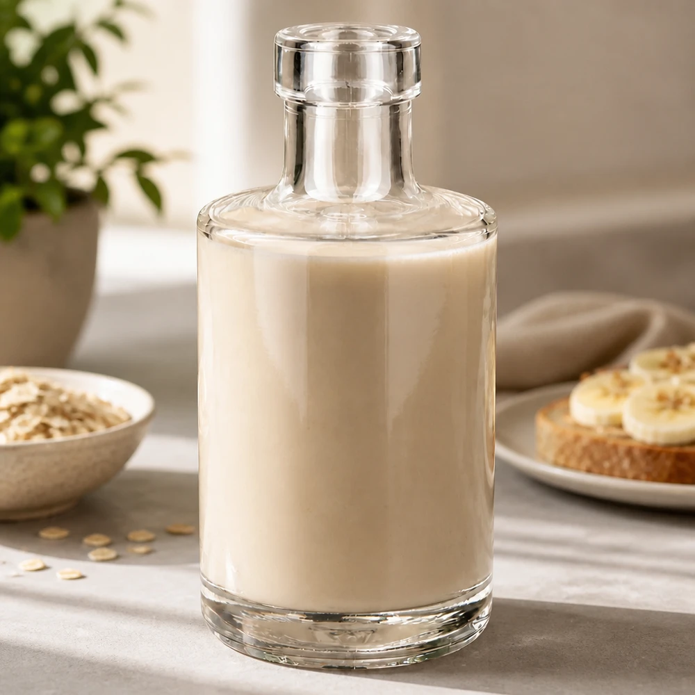 200ml Glasflasche "Marie" ohne Verschluss UNiTWIST Glasflasche Marie 200ml mit Hafermilch befüllt Lifestyle Küchenszenerie mit Haferflocken und Brot Anwendung